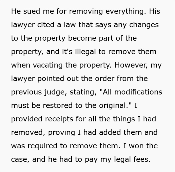 Text describing a legal dispute where a man wins a case after maliciously complying with a court order against his landlord.