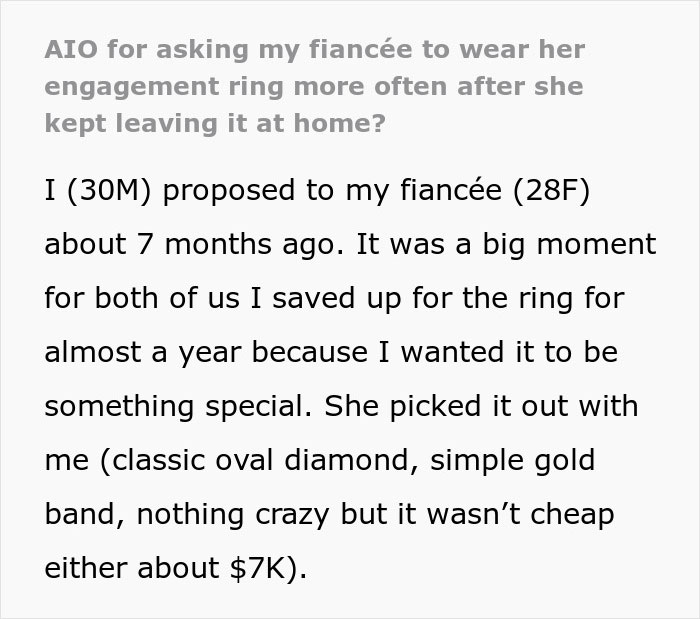 Text post about a woman refusing to wear her engagement ring, causing concern with her fiancé. Text post about a woman refusing to wear her engagement ring, causing concern with her fiancé.
