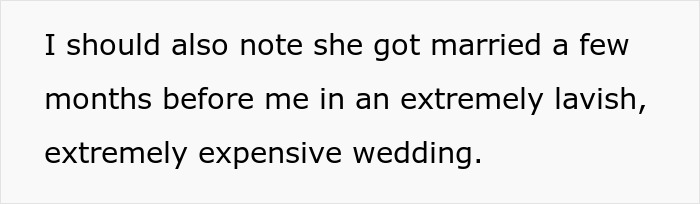 Text excerpt about a woman mentioning her cousin&rsquo;s lavish, expensive wedding before her own marriage.
