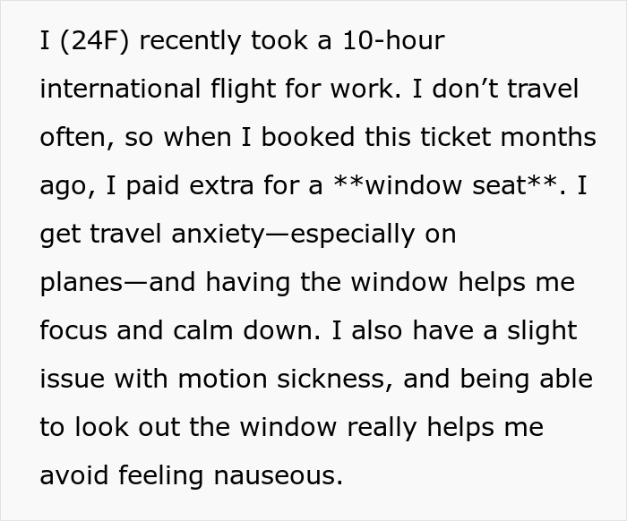 Text excerpt about a woman&rsquo;s experience with travel anxiety on a 10-hour flight and her preference for a window seat.