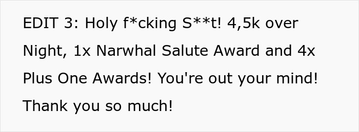 Screenshot of a message expressing surprise and gratitude for receiving multiple awards overnight including a Narwhal Salute Award.