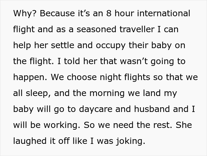 Text excerpt explaining reasons for rebooking a flight to avoid babysitting niece on an 8-hour international trip. Text excerpt explaining reasons for rebooking a flight to avoid babysitting niece on an 8-hour international trip.