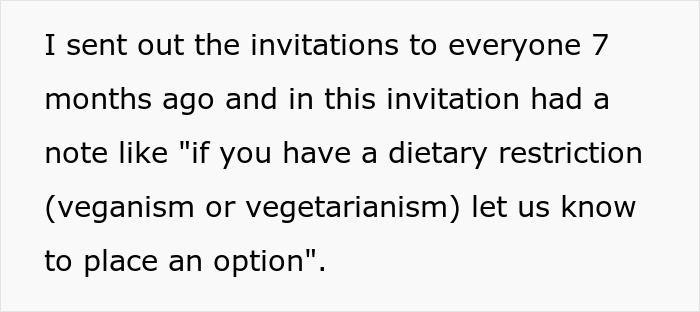 Text on a white background discussing sending wedding invitations months ago with a note about dietary restrictions including veganism. Text on a white background discussing sending wedding invitations months ago with a note about dietary restrictions including veganism.