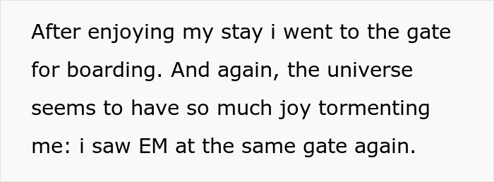 Text on a white background describing a traveler encountering an entitled mother insisting on paying for an upgrade at the airport gate.