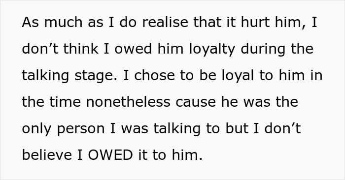 Text excerpt discussing loyalty and micro-cheating during the talking stage in a romantic relationship.
