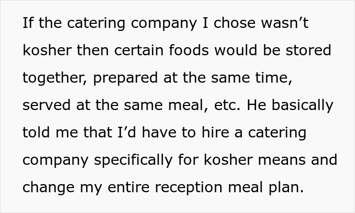 Text excerpt discussing the need for kosher catering and additional costs for kosher wedding meals at a reception.