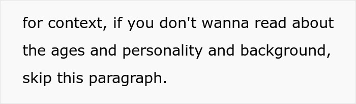 Text image with a message advising to skip the paragraph if not interested in ages, personality, and background details.