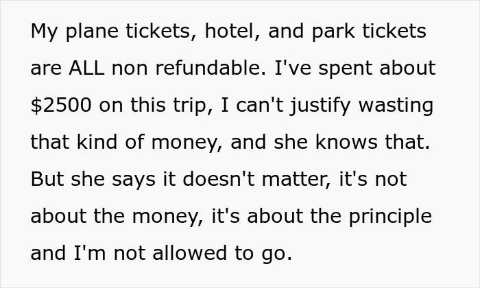 Text excerpt discussing non-refundable plane, hotel, and park tickets related to a trip about Harry Potter Wizarding World.