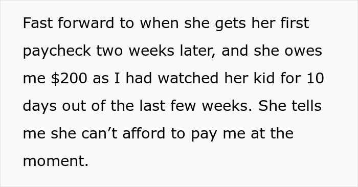 Text describing a woman throws a fit when sibling refuses to babysit her child all summer for free, highlighting unpaid babysitting conflict.