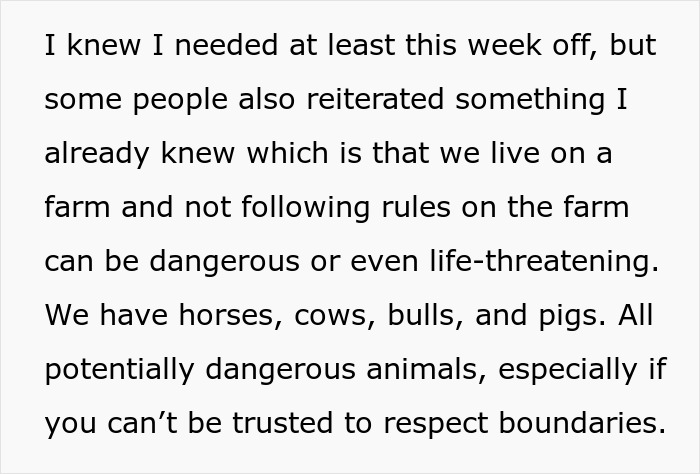 Text about babysitting chaos involving woman and SIL, highlighting dangers of farm animals including horses, cows, bulls, and pigs. Text about babysitting chaos involving woman and SIL, highlighting dangers of farm animals including horses, cows, bulls, and pigs.