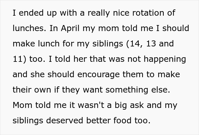Teen son making lunch only for himself faces mom guilt-tripping him over not preparing food for siblings.