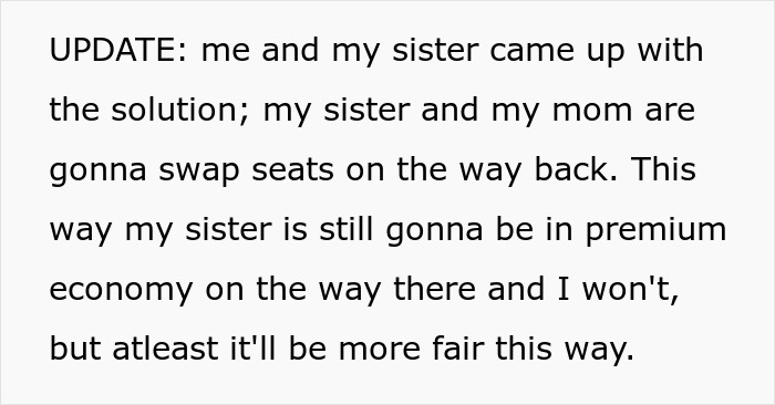 Text update on family vacation seating swap to keep one child in premium economy while balancing fairness between siblings. Text update on family vacation seating swap to keep one child in premium economy while balancing fairness between siblings.