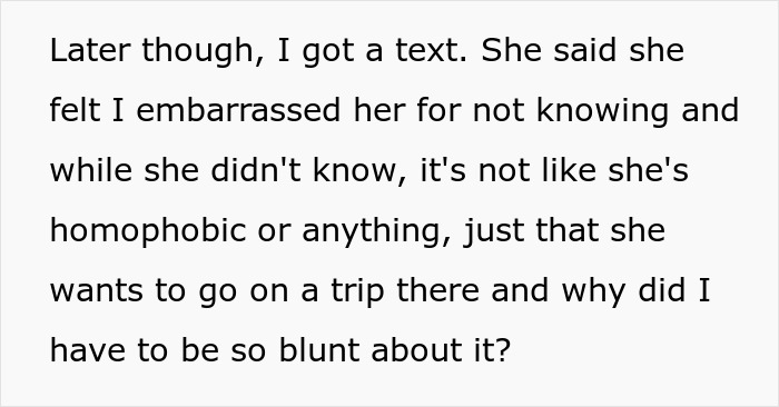 Text message explaining woman is blunt about reason she can’t travel with friend and is accused of embarrassing her. Text message explaining woman is blunt about reason she can’t travel with friend and is accused of embarrassing her.