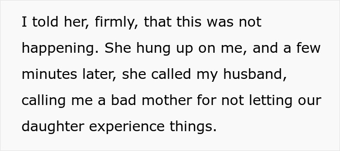 Text excerpt about a disagreement over letting a mil-daughter surprise vacation experience happen.