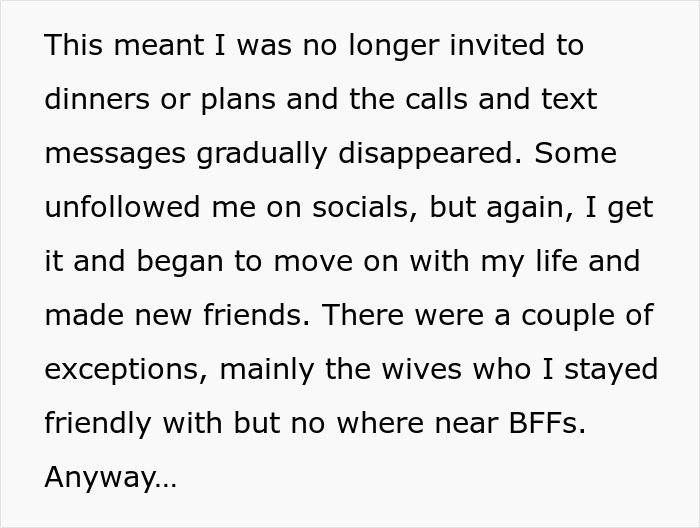 Text excerpt describing fading friendship after divorce, highlighting social distancing and loss of communication.