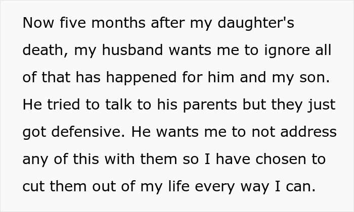 Text describing a woman explaining cutting contact with in-laws who didn&rsquo;t visit their dying granddaughter five months ago.