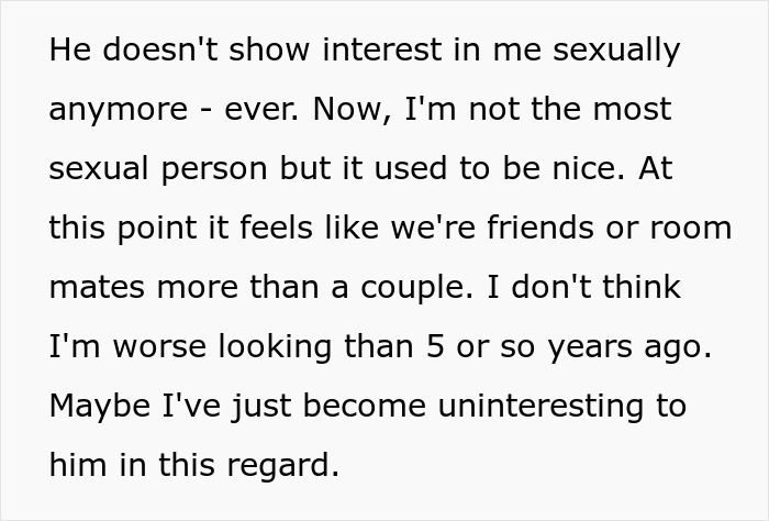Text about man’s slow change in behavior causing wife to question their boring marriage and lost intimacy. Text about man’s slow change in behavior causing wife to question their boring marriage and lost intimacy.
