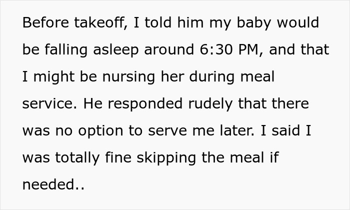 Text passage describing a mom nursing her baby mid-flight as a steward rudely insists on serving dinner without delay. Text passage describing a mom nursing her baby mid-flight as a steward rudely insists on serving dinner without delay.