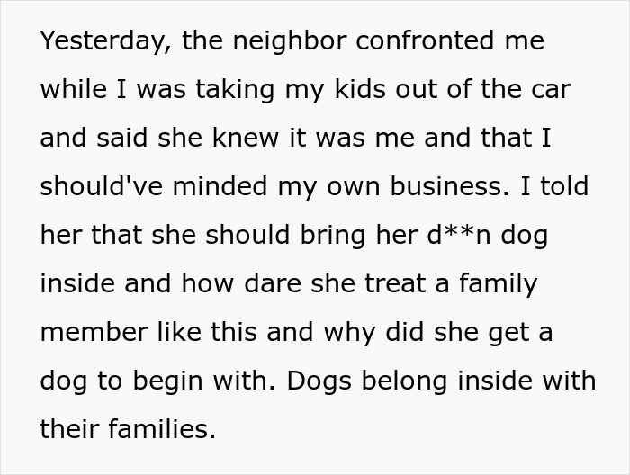 Text of a neighbor arguing about a neglected dog, highlighting conflict in animal control and CPS retaliation cases.