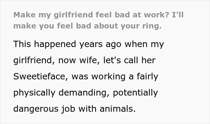 Text about man getting revenge on girlfriend’s coworker by proposing with a better ring, describing a demanding job with animals. Text about man getting revenge on girlfriend’s coworker by proposing with a better ring, describing a demanding job with animals.