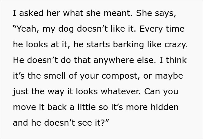 Text excerpt showing a woman blaming her barking dog on the garden next door, sparking neighborhood drama. Text excerpt showing a woman blaming her barking dog on the garden next door, sparking neighborhood drama.