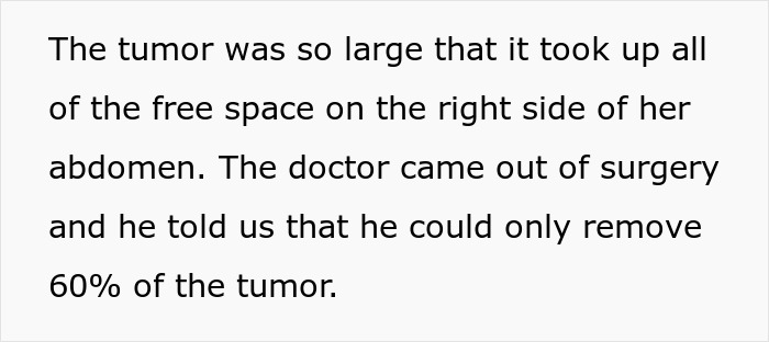Text excerpt describing a woman's tumor removal surgery and the partial success in reducing her tumor size.