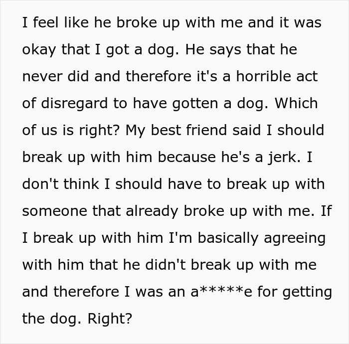 Text excerpt about a man disappearing for weeks and the angry partner adopting a dog despite his allergies.
