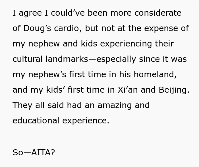 Text post discussing family struggles during a China trip, highlighting cultural and educational experiences in Xi&rsquo;an and Beijing.