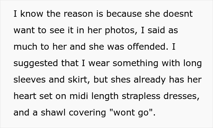 Text excerpt discussing a maid of honor refusing to hide psoriasis at a wedding despite the bride&rsquo;s objections.