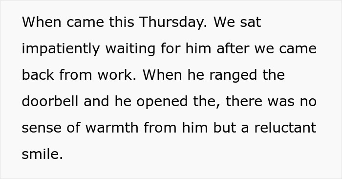 Text excerpt discussing parents reflecting on years of neglect and their son's reluctant smile after waiting for him.