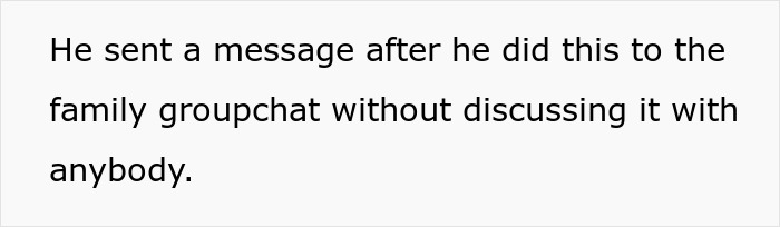 Text on screen explaining that a dad sent a message to the family groupchat after upgrading one kid to business class. Text on screen explaining that a dad sent a message to the family groupchat after upgrading one kid to business class.