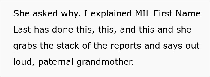 Text excerpt about MIL reporting mom to CPS after lice outbreak, mentioning paternal grandmother and related reports.