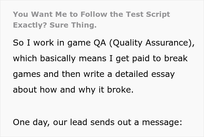Text excerpt discussing lead restricting exploratory testing and a developer reporting bugs in a game during QA process. Text excerpt discussing lead restricting exploratory testing and a developer reporting bugs in a game during QA process.