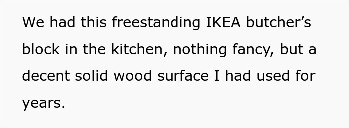 Text excerpt about an IKEA butcher&rsquo;s block in the kitchen, related to kitchen renovation and revenge story.