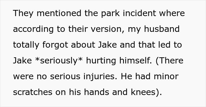 Text excerpt discussing a playground mishap where a dad forgot his child, causing minor injuries and involving CPS concerns.