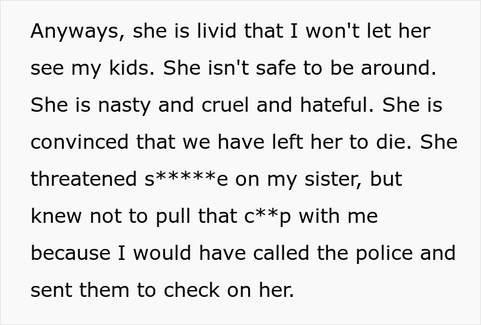 Text excerpt showing a woman describing her anger and concerns about her mom threatening to call CPS. Text excerpt showing a woman describing her anger and concerns about her mom threatening to call CPS.