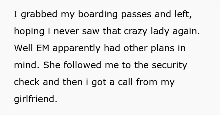 Text showing a person describing how an entitled mother insists on paying for an upgrade at the security check.