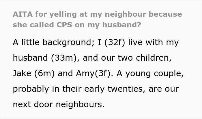 Text excerpt about a dad, CPS called after playground mishap, and a wife confronting a concerned neighbor.
