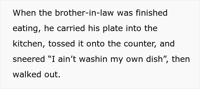 Text showing a brother-in-law refusing to wash his own dish after eating, hinting at a shower trick lesson.