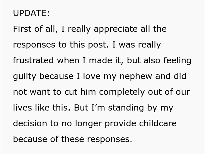 Text update about woman regretting helping SIL babysit nephew, deciding to stop providing free childcare after chaos. Text update about woman regretting helping SIL babysit nephew, deciding to stop providing free childcare after chaos.