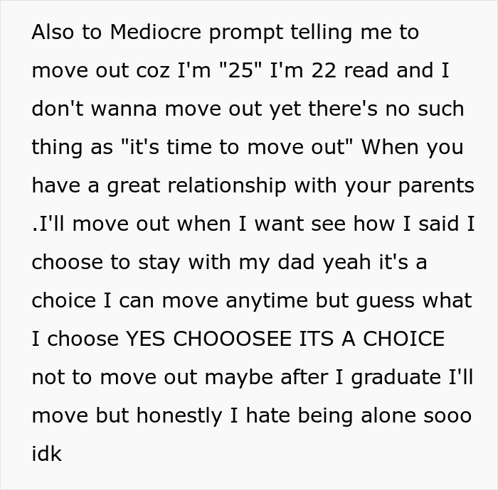 Alt text: Text message about a 22-year-old choosing to stay with dad discussing moving out and relationship boundaries.