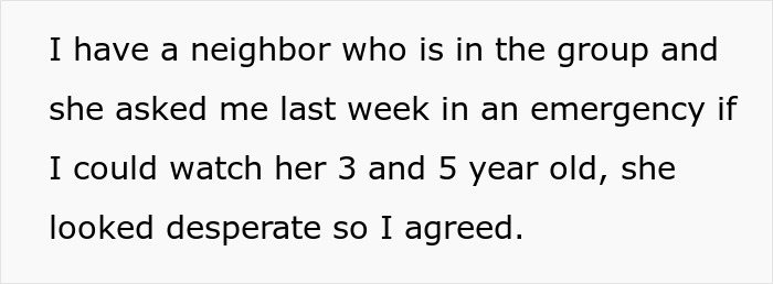 Text excerpt describing a mom assuming neighbor will babysit because she&rsquo;s a SAHM and the neighbor agreeing reluctantly.