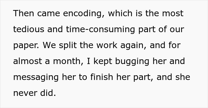 Text excerpt describing a woman at risk of not graduating after failing to contribute to a shared thesis task.