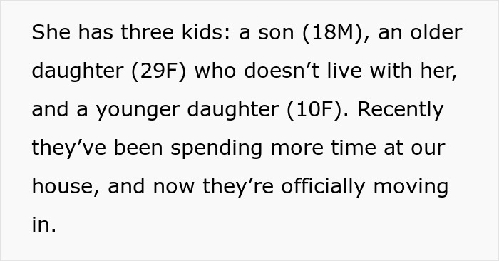 Text explaining a woman&rsquo;s three kids, including a 10-year-old daughter, and their move to live together.