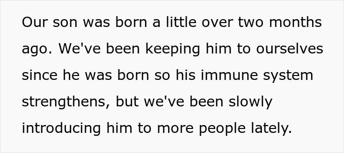 Text excerpt about a newborn son&rsquo;s early days and cautious introduction to people amid immune system concerns.