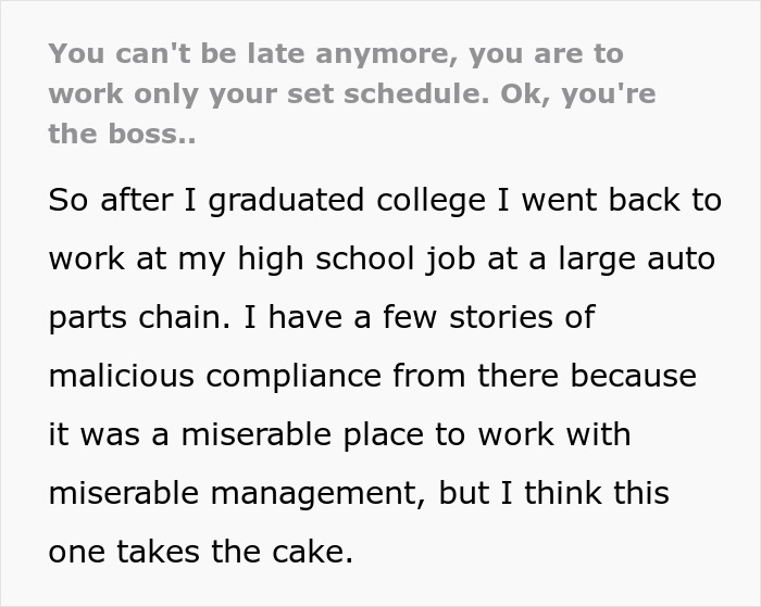 Text excerpt showing a story about a guy being told to stop being late and stick to his schedule at work.