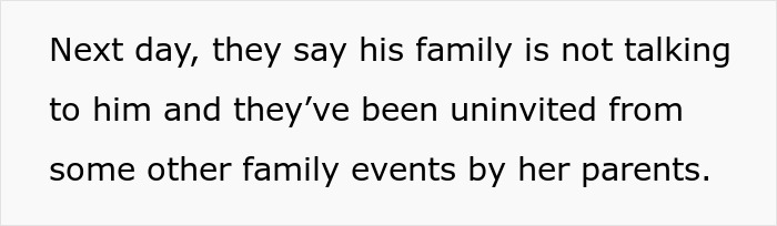 Text on a gray background reading about family not talking to someone and being uninvited from events after wedding guests shocked and confused by couple's elopement. Text on a gray background reading about family not talking to someone and being uninvited from events after wedding guests shocked and confused by couple's elopement.