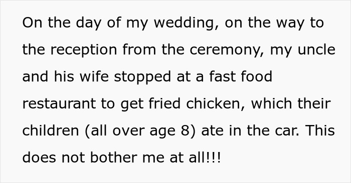Bride spends months planning elegant wedding, disrupted by rude aunt and fast-food wrappers with grease mess.