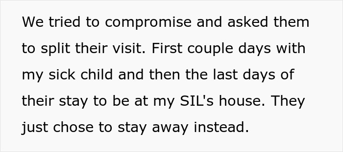 Text excerpt about woman cutting contact with in-laws who didn&rsquo;t visit their dying granddaughter, explaining a compromise attempt.