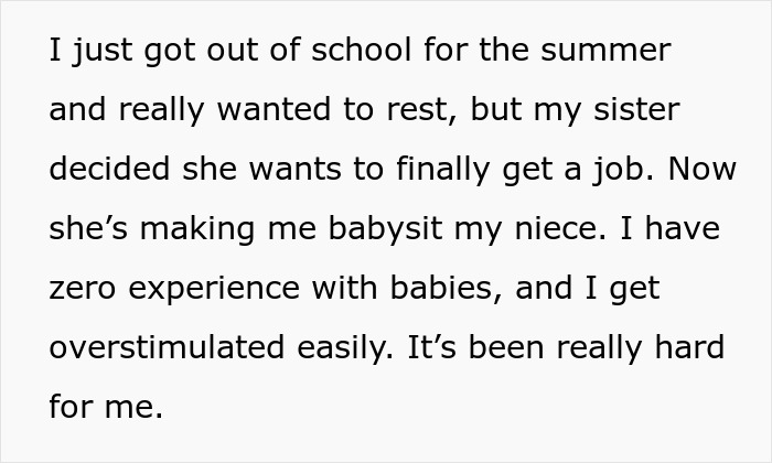 Text showing a 14-year-old describing stress and overstimulation from being forced to babysit an infant daily by her sister.